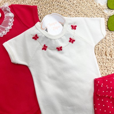 Conj. de Malha 3 peças - Borboletas com Poá - Vermelho e Off White
